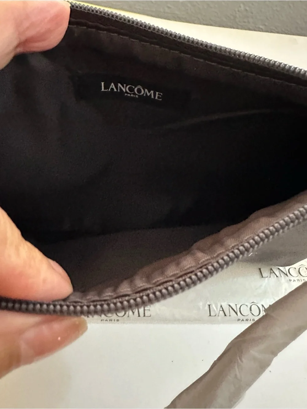 Lancôme Gray Cosmetic Pouch/Wristlet with Pom Pom Zipper